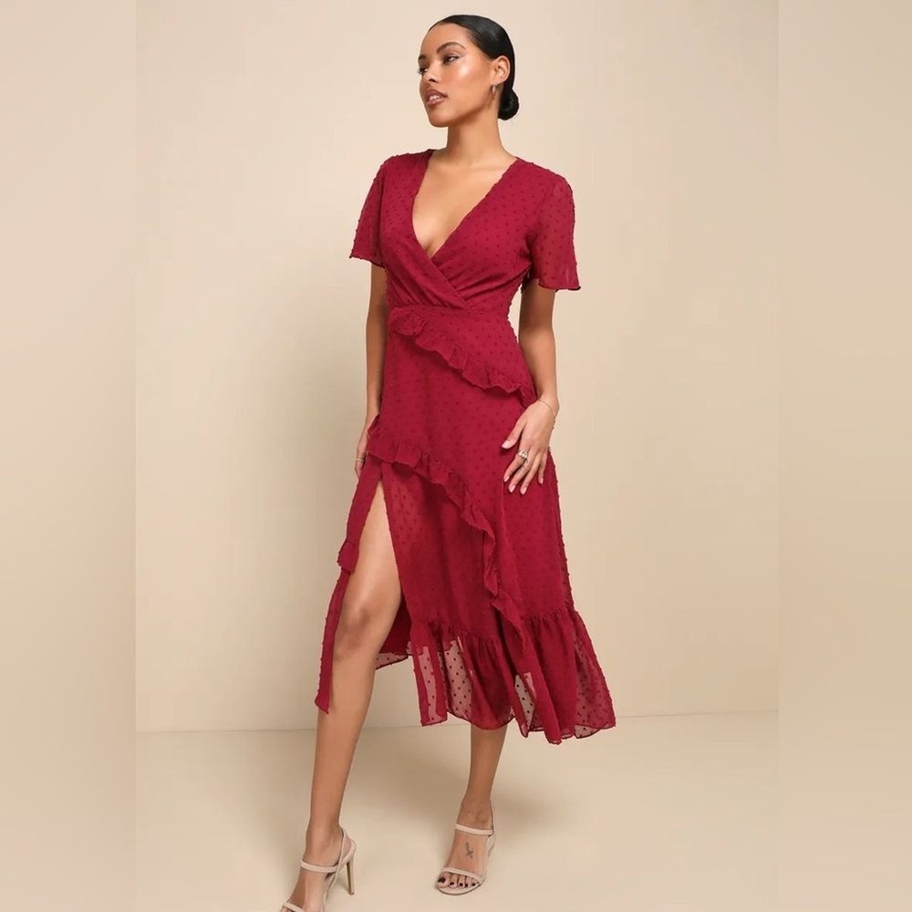 Red Wrap Midi Dress with Ruffle Trim
